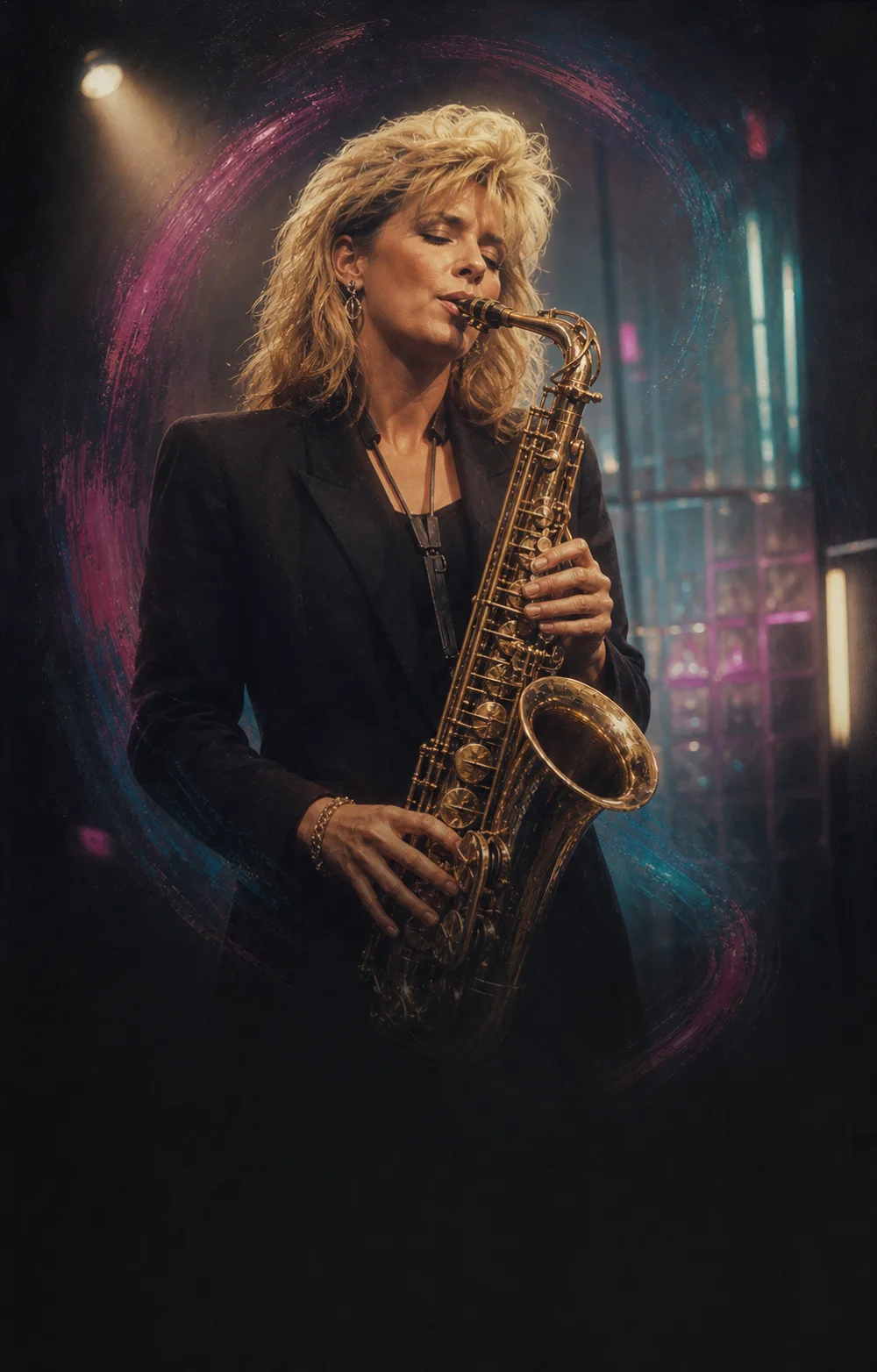 Candy Dulfer altszaxofonozik egy cián és magenta fényű, 1989-es zenei videoklip világában