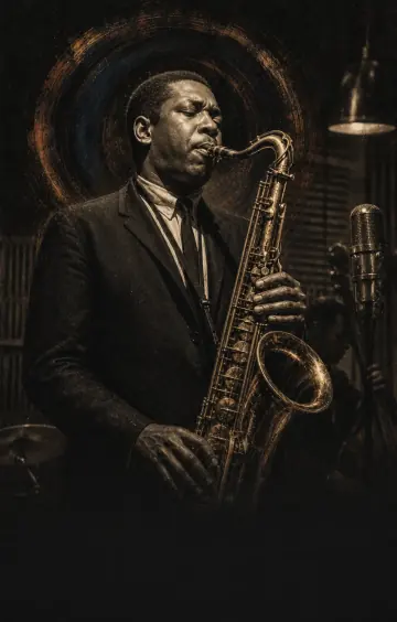John Coltrane tenorszaxofonozik egy 1960-as évekbeli jazzstúdióban