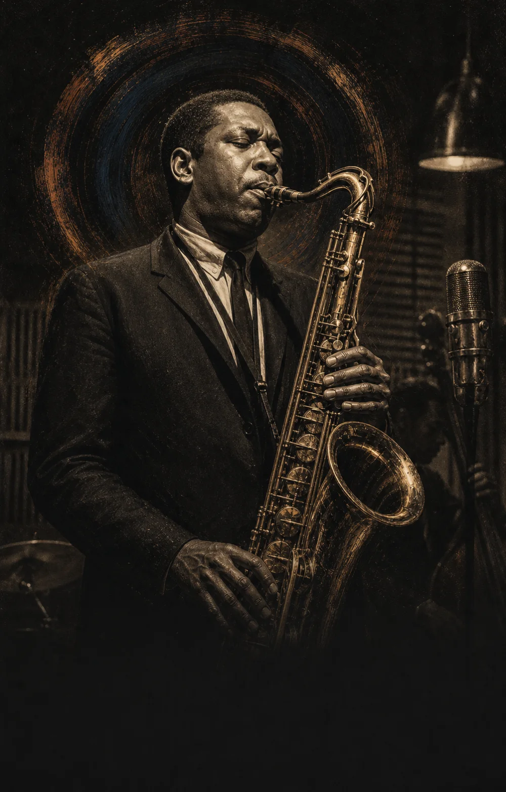 John Coltrane tenorszaxofonozik egy 1960-as évekbeli jazzstúdióban