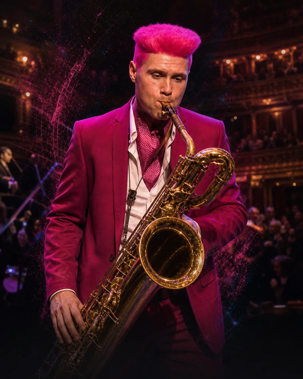 A fukszia magas hajviseletű, bordó öltönyös Leo P baritonszaxofonozik a 2017-es BBC Proms színpadán