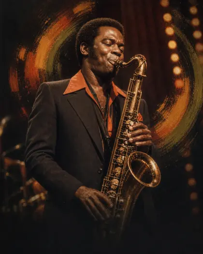 Maceo Parker altszaxofonozik egy izzó fényű, 1974-es amerikai funk-színpadon