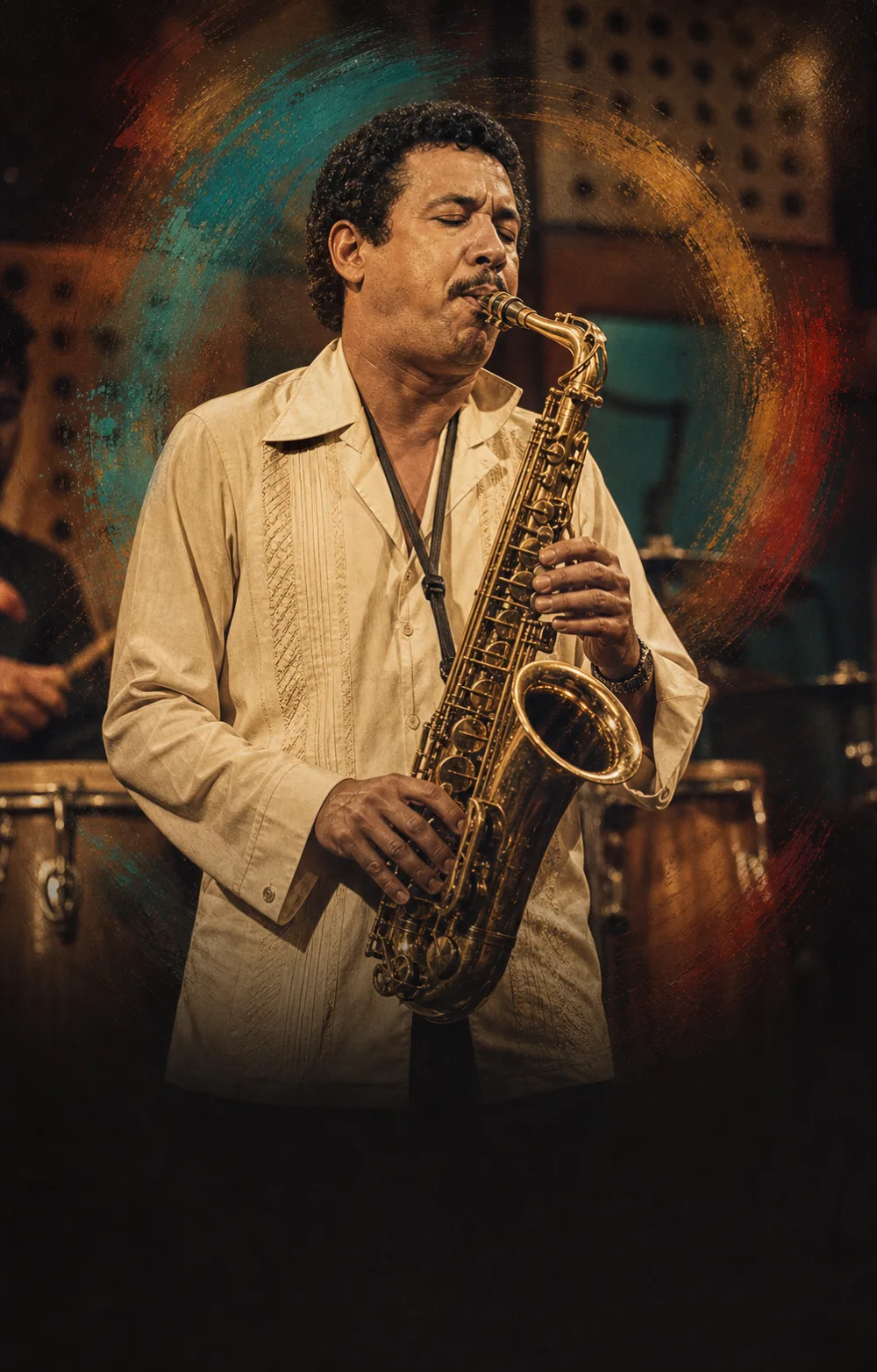 Paquito D’Rivera altszaxofonozik egy türkiz és borostyán színű, 1979-es havannai koncertszínpadon